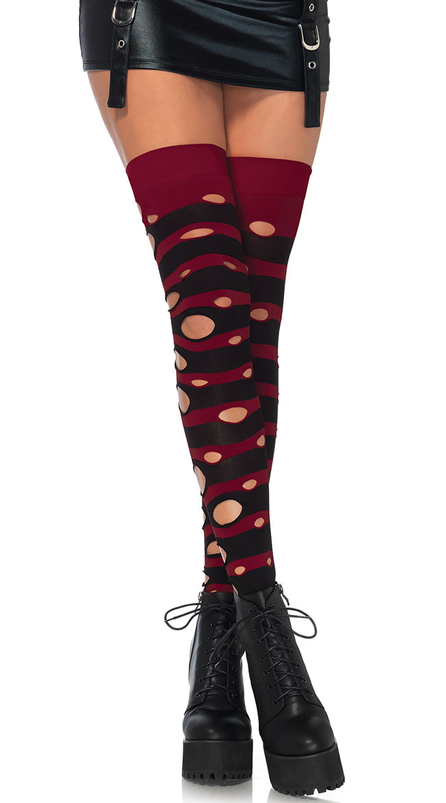 Distressed Striped Thigh Highs
