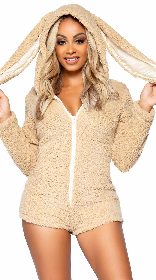 Cuddle Bunny, features ultra soft zip up teddy with bunny ear hood and cute  bunny tail.