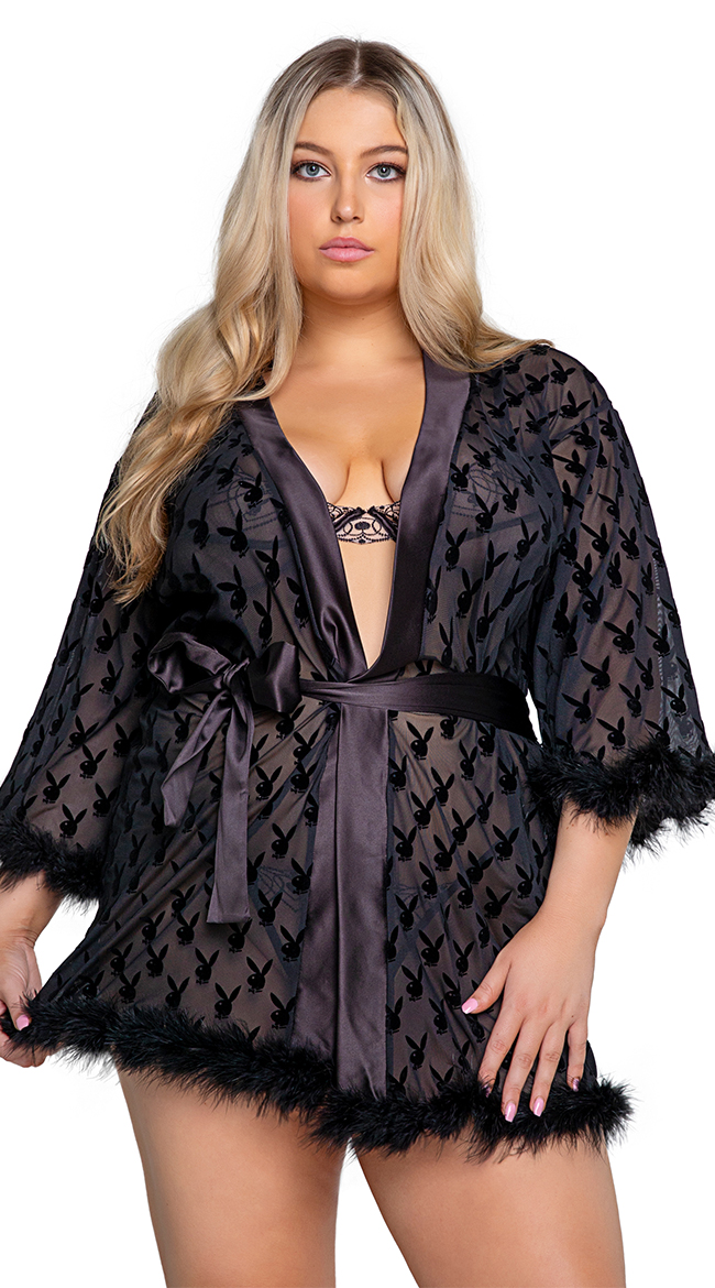 Plus Size Playboy Bunny Noir Robe, Plus Size Playboy Marabou Robe