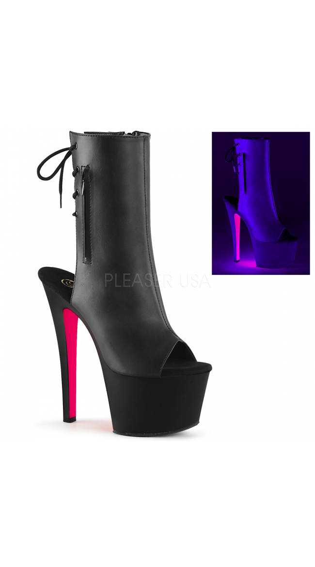 7 Inch Open Toe Blacklight Heel Bootie, Black Patent Heels - Yandy.com