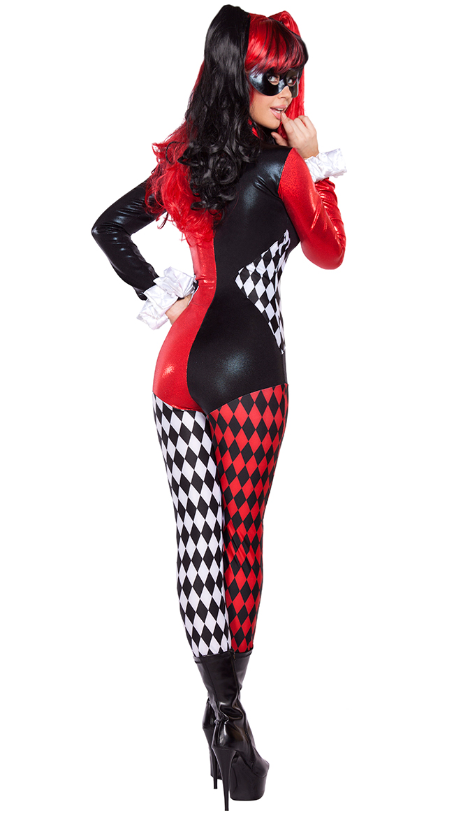 Villainous Vixen Costume, Harlequin Catsuit Costume, Sexy Harlequin Costume