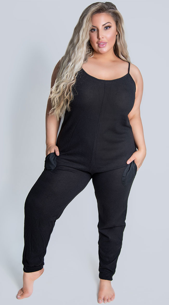Plus Size Comfy Pajama Pocket Jumpsuit, Plus Size Soft Knit Pajama