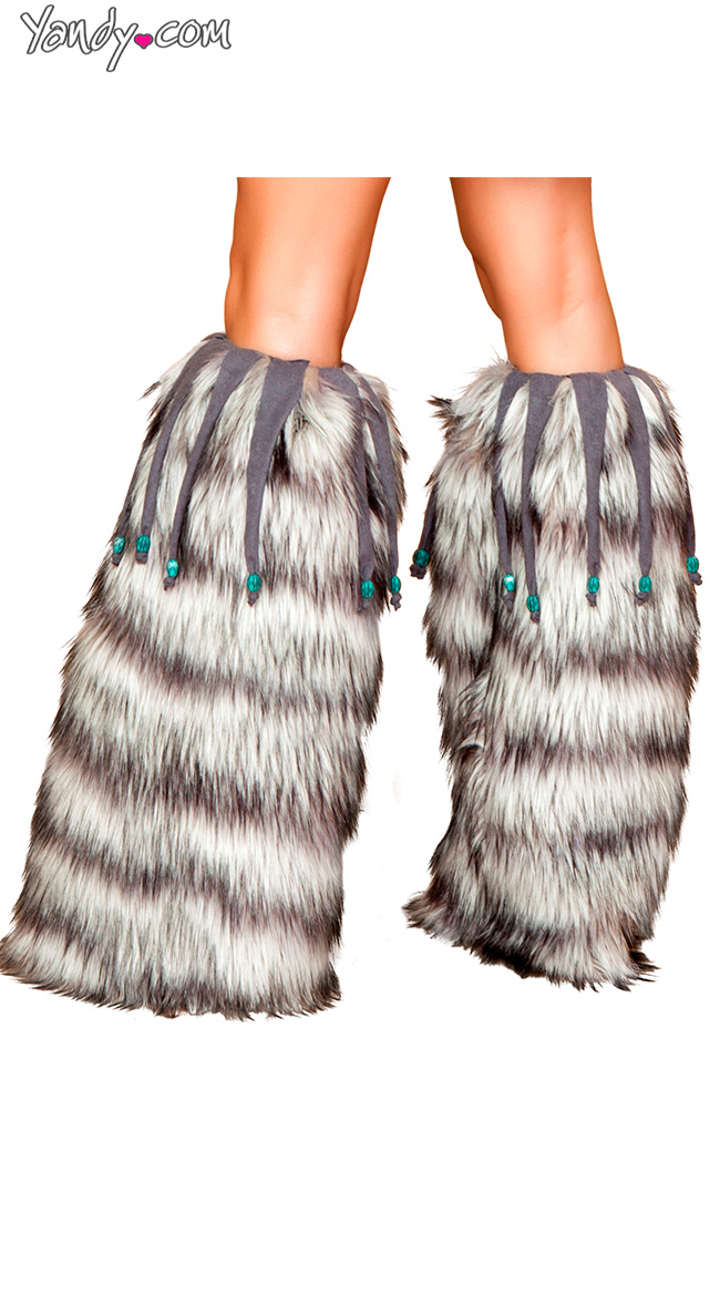 Furry Grey Legwarmers With Beaded Fringe, Grey Leg Warmers, Gray Fur
