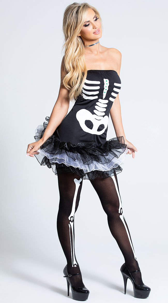 Fever Skeleton Corset And Tutu, Skeleton Print Corset With Tutu