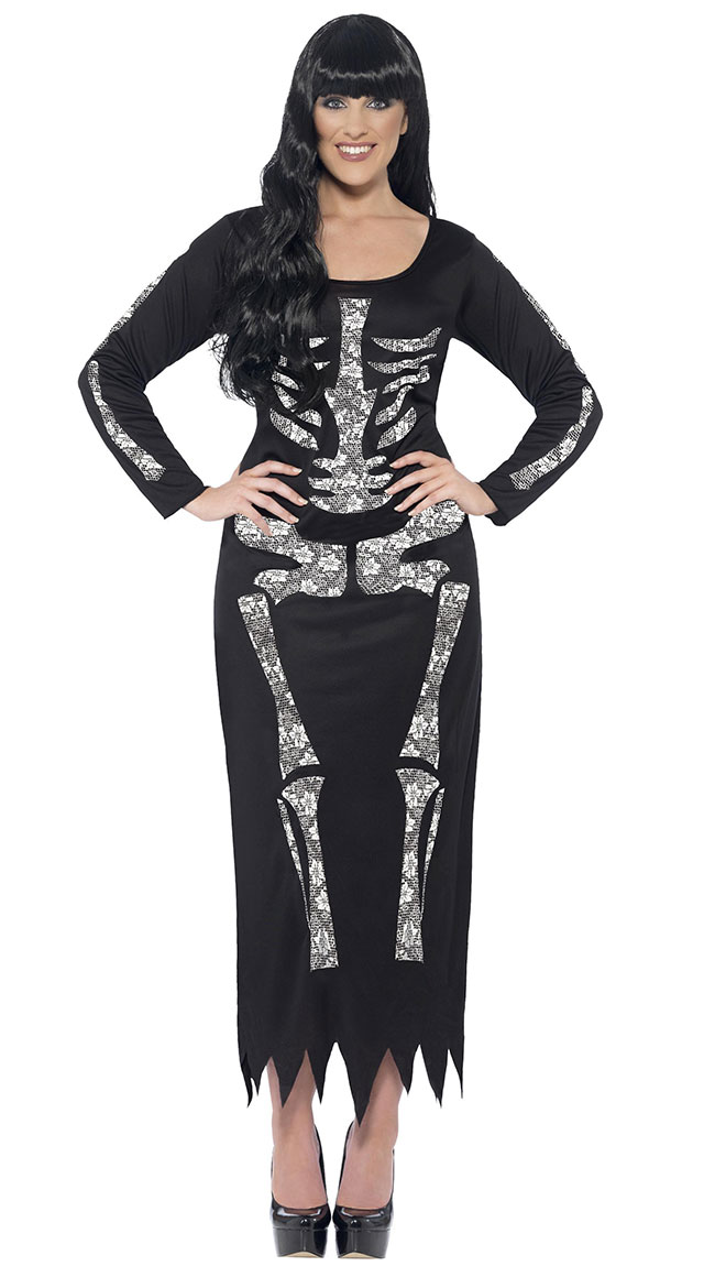 Skeleton Midi Dress Costume, Black Skeleton Dress