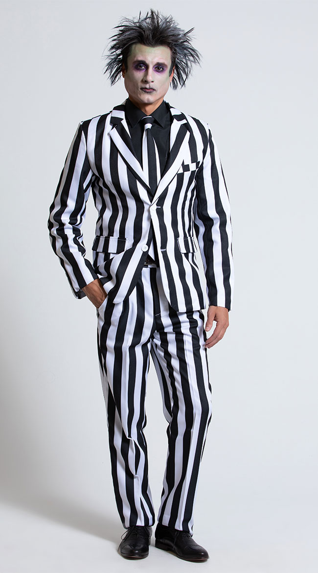 Men's White and Black Striped Suit Costume, Mens Striped Costume Suit