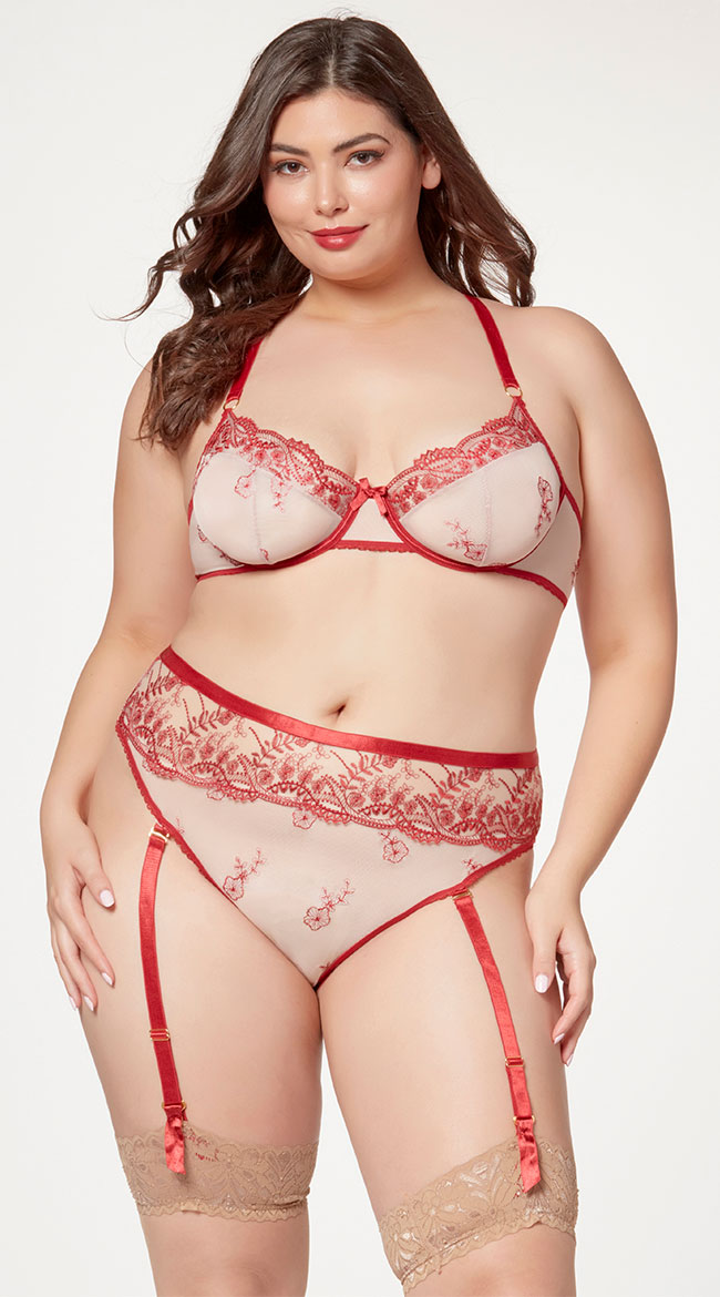 Plus Embroidered Mesh Underwire Crotchless Lingerie Set