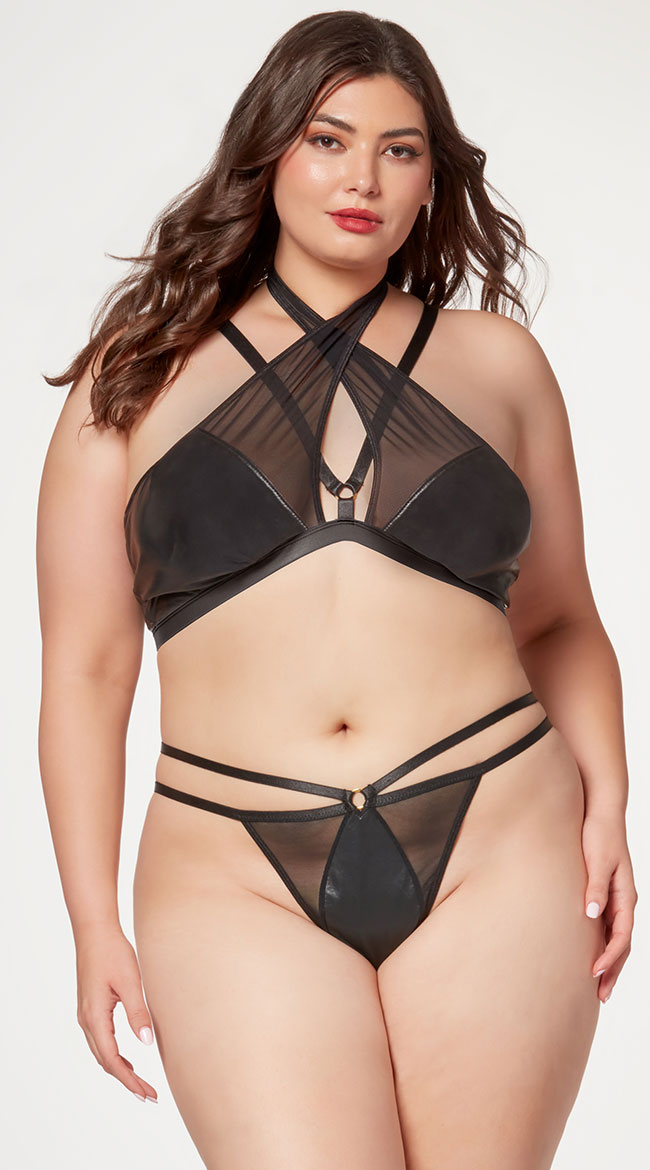 Halter Neck Lace Up Black Leather Bra And Panty Plus Size Sexy