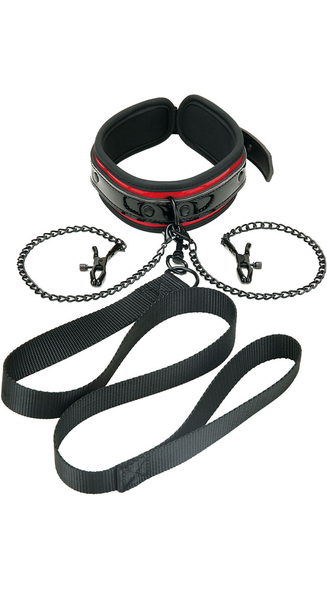 Heartbreaker Collar and Leash Set, Collar and Nipple Clamp Set