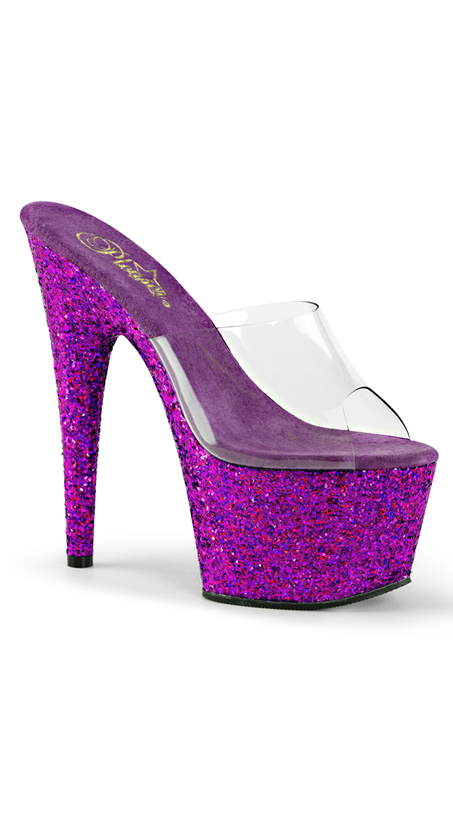 Glitter Bottom Platform Slides, Glitter Platform High Heels, Clear