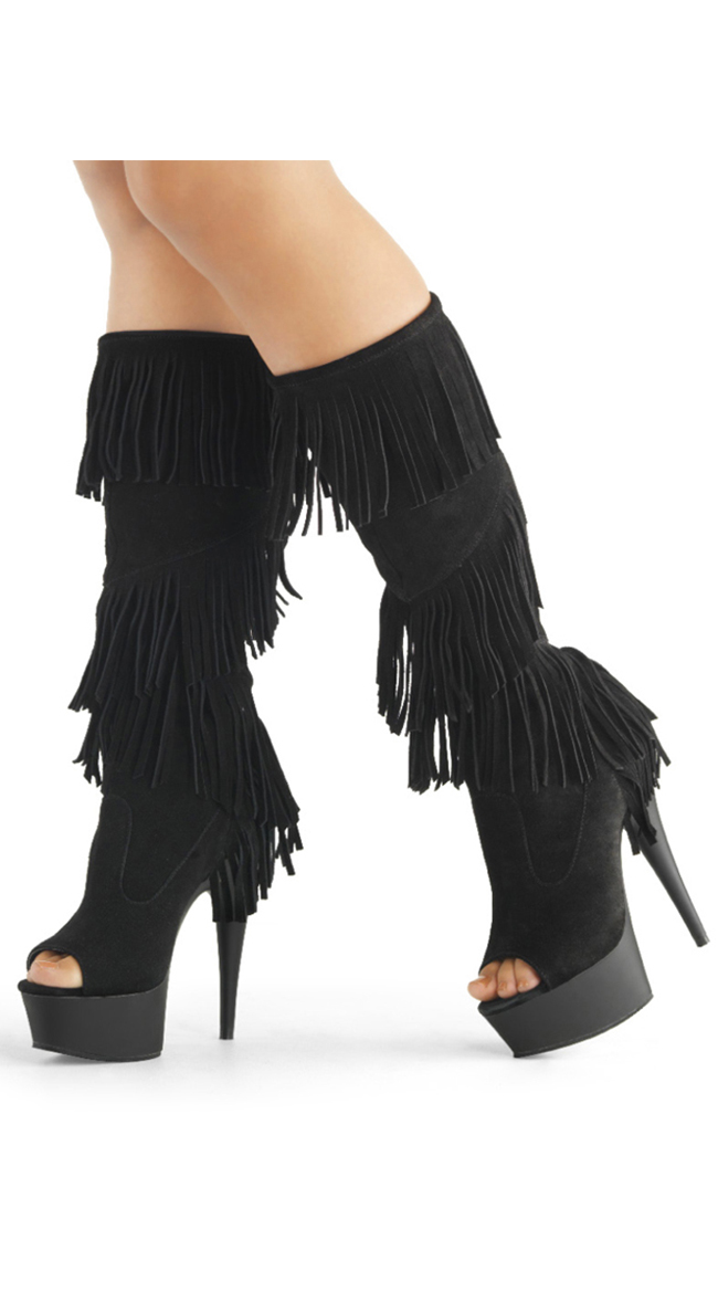 Peep Toe Knee High Fringe Boots, Layered Fringe Knee High Boots, Fringe