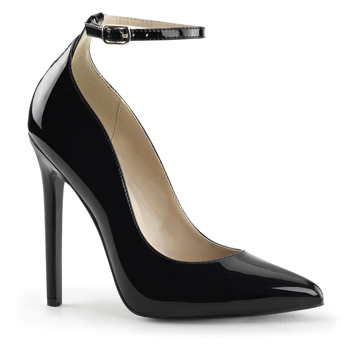 Black Pointed Toe Pump With Ankle Strap, Black Pumps