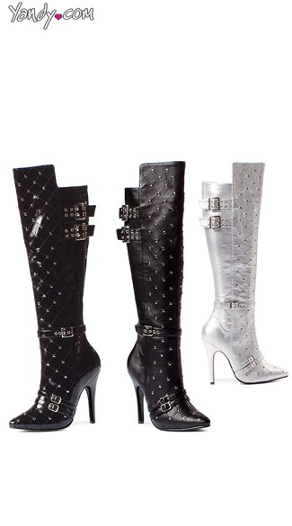 Quilted Knee High Studded Boot with Buckles, High Heel Boots, Costume ...