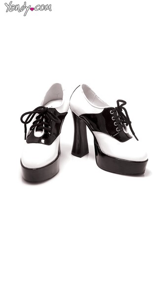 Black and White Chunky Saddle Pump, High Platform Shoes, Black Heels