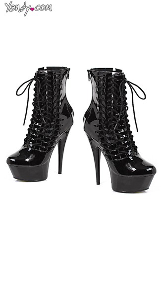 Black Patent Ankle Boots with Lace-Up Front, Zipper Ankle Boots - Yandy.com