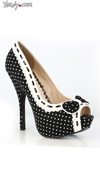 Polka Dot Platform Heel with Lace Trim, 5 Inch Heels, Retro Pin Up Shoes