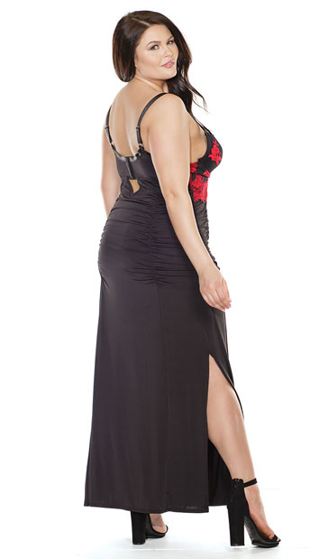 Plus Size Evening Rose Lingerie Gown, Plus Size Red Rose Black Lingerie ...