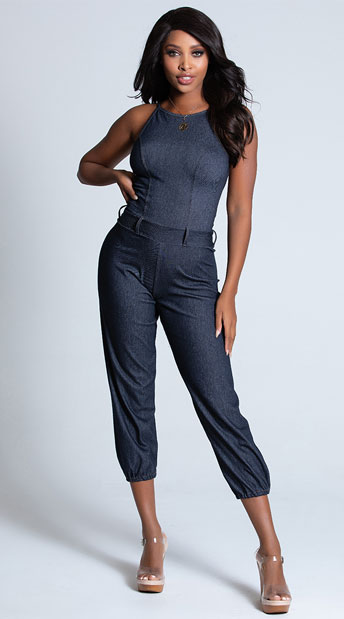 denim halter neck jumpsuit