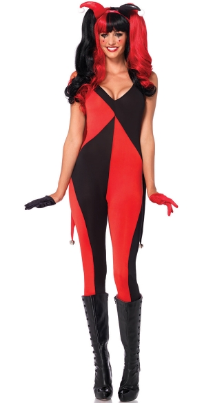 Sexy Jester Costume, Red and Black Jester Costume, Jingle Jester Costume