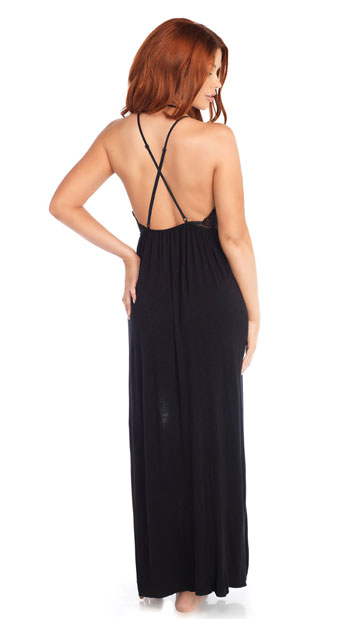 Black Brushed Jersey and Lace Gown - Black