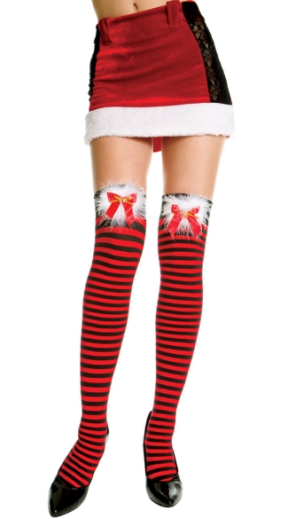 Striped Thigh High with Bow on Marabou, Holiday Hosiery, Holiday Thigh ...