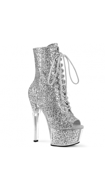 6 inch Open Toe Glitter Lace-Up Heel Bootie, Silver Lace-Up Bootie