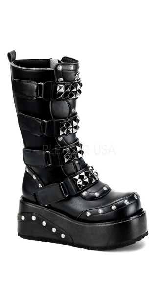 Platform Goth Punk Black Pu Calf Boot W 4 Straps & Pyramid Studs