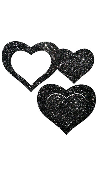 Black Glitter Cut-Out Heart Pasties, Black Heart Pasties, Glitter Heart ...