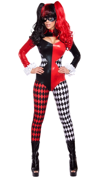 Villainous Vixen Costume, Harlequin Catsuit Costume, Sexy Harlequin Costume