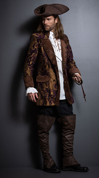 Men's Rich Gold and Purple Brocade Pirate Captain Jacket - DeluxeAdultCostumes.com