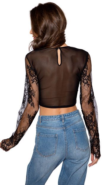 long sleeve black lace crop top