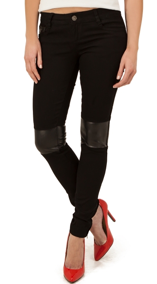 Stretch Black Jeans with Faux Leather Patches, Black Leather Jeans ...