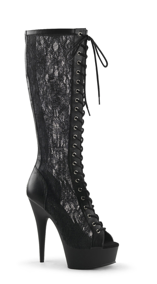 Lace Peep Toe Knee High Boot, Lace Up Stiletto Boots, 6