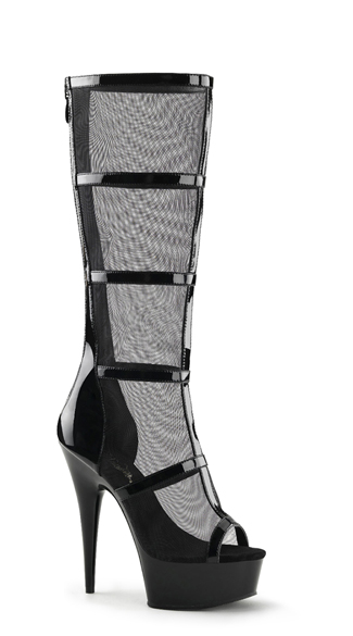 Caged Mesh Knee High Boot, Knee High Boots, Black Knee High Boots