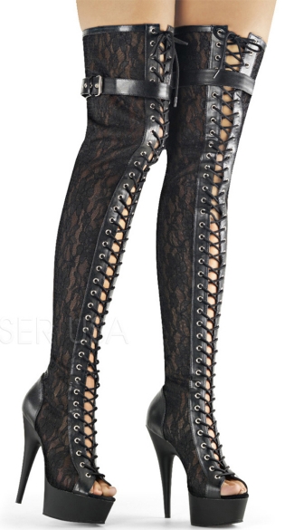 Delight Lace Peep Toe Thigh Boot, Lace Up Thigh High Boots, High Heel ...