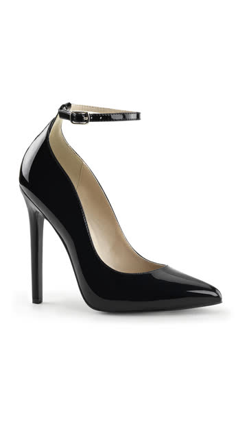 Black Pointed Toe Pump With Ankle Strap, Black Pumps