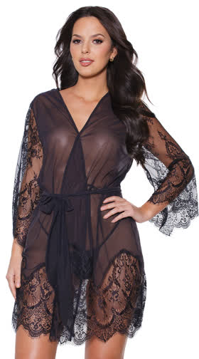 Plus Size Draping Mesh And Lace Robe Plus Size Short Mesh And Lace Robe 