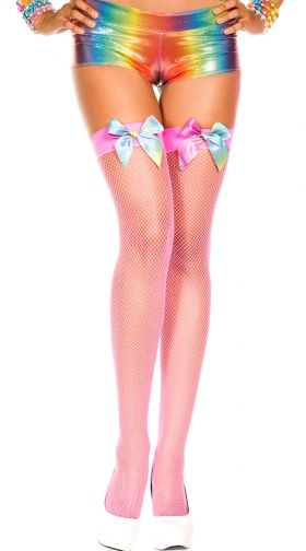 Neon Fishnet Stockings With Rainbow Satin Bows
