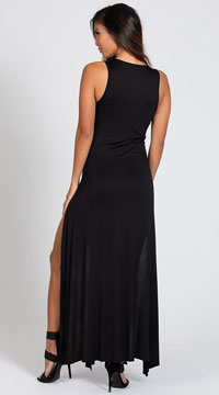 Double Trouble Black Gown, Deep-v Dual Slit Jersey Maxi Dress - Yandy.com