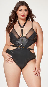 Plus Size Faux Leather and Mesh Teddy and Harness Set